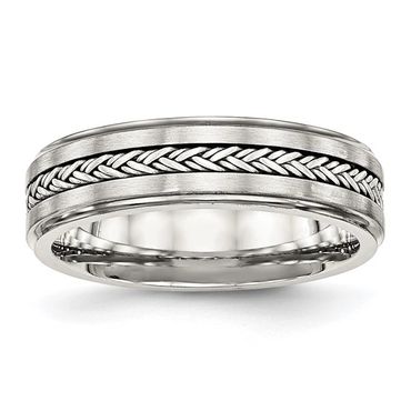 Stainless Steel with Sterling Silver Braid Inlay Brushed/Polished 6mm Band