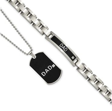 Chisel Stainless Steel Brushed Black IP-plated with CZ DAD 8.75 inch Bracelet and 24 inch Necklace S