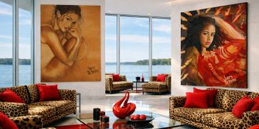 Elegant living room with leopard print sofas and large portrait paintings.
