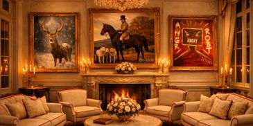 Elegant living room with classic paintings and a cozy fireplace.