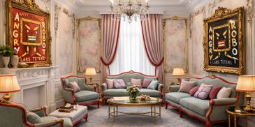 Elegant living room with classic furniture and colorful modern art.