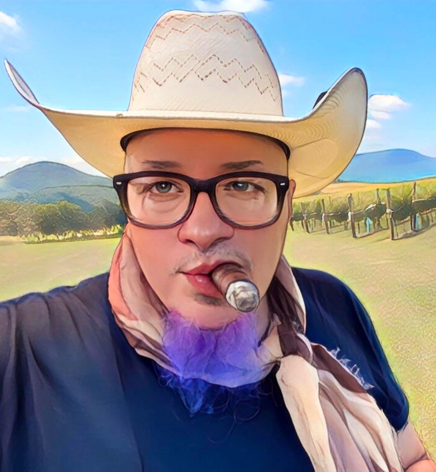 Man in a cowboy hat smoking a cigar with mountains in the background.