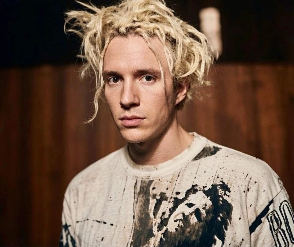 Young man with messy blonde hair wearing a paint-splattered white shirt.