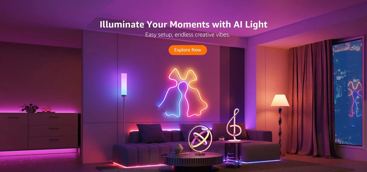 Modern living room glowing with vibrant AI-powered neon lights creating a cozy atmosphere.