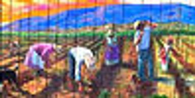 Colorful mural of people farming with a dog under a vibrant sky.