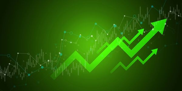 Green arrows showing upward financial growth on a digital background.