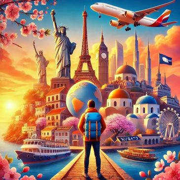 Traveler admiring iconic global landmarks at sunset with vibrant colors.