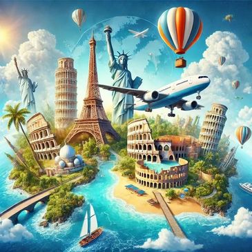 A vibrant island featuring famous global landmarks with planes and hot air balloons in the sky.