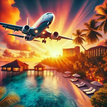 Airplane flying over a tropical beach resort during sunset.