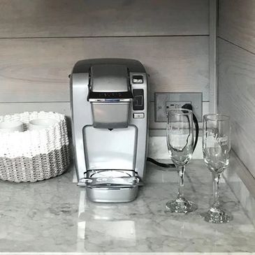 View from casitas located at our lavender farm. This shows the microwave, sink, and coffee maker.
