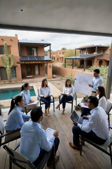 Business team having an outdoor meeting on a wooden deck in a desert-like residential area.