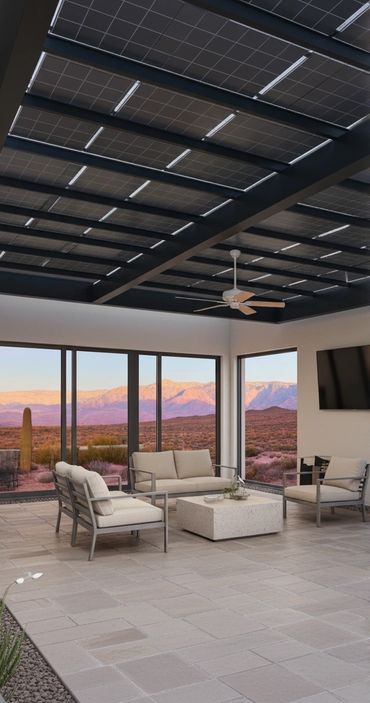 Modern patio with solar panel roof and desert mountain view.