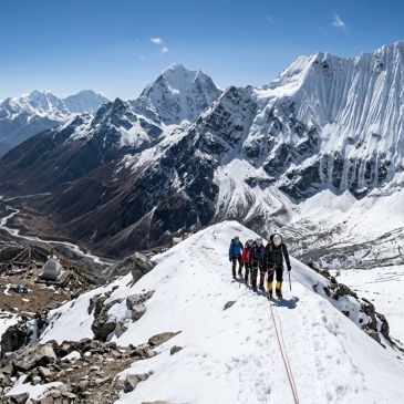 Group of climbers trekking a snowy mountain ridge.