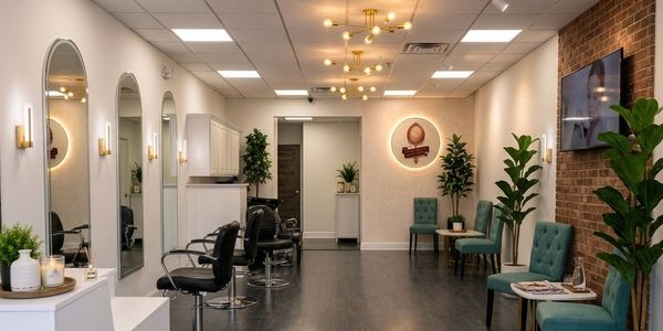 Modern salon interior with styling chairs and waiting area.