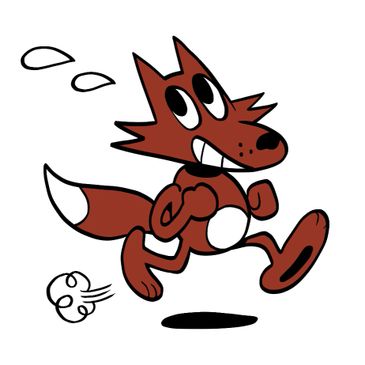 Cartoon fox running energetically with a determined expression.