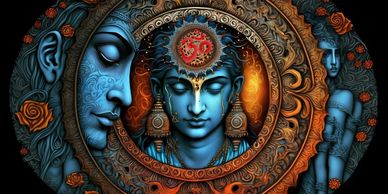 Intricate blue and orange digital artwork of a meditative figure with spiritual symbols.