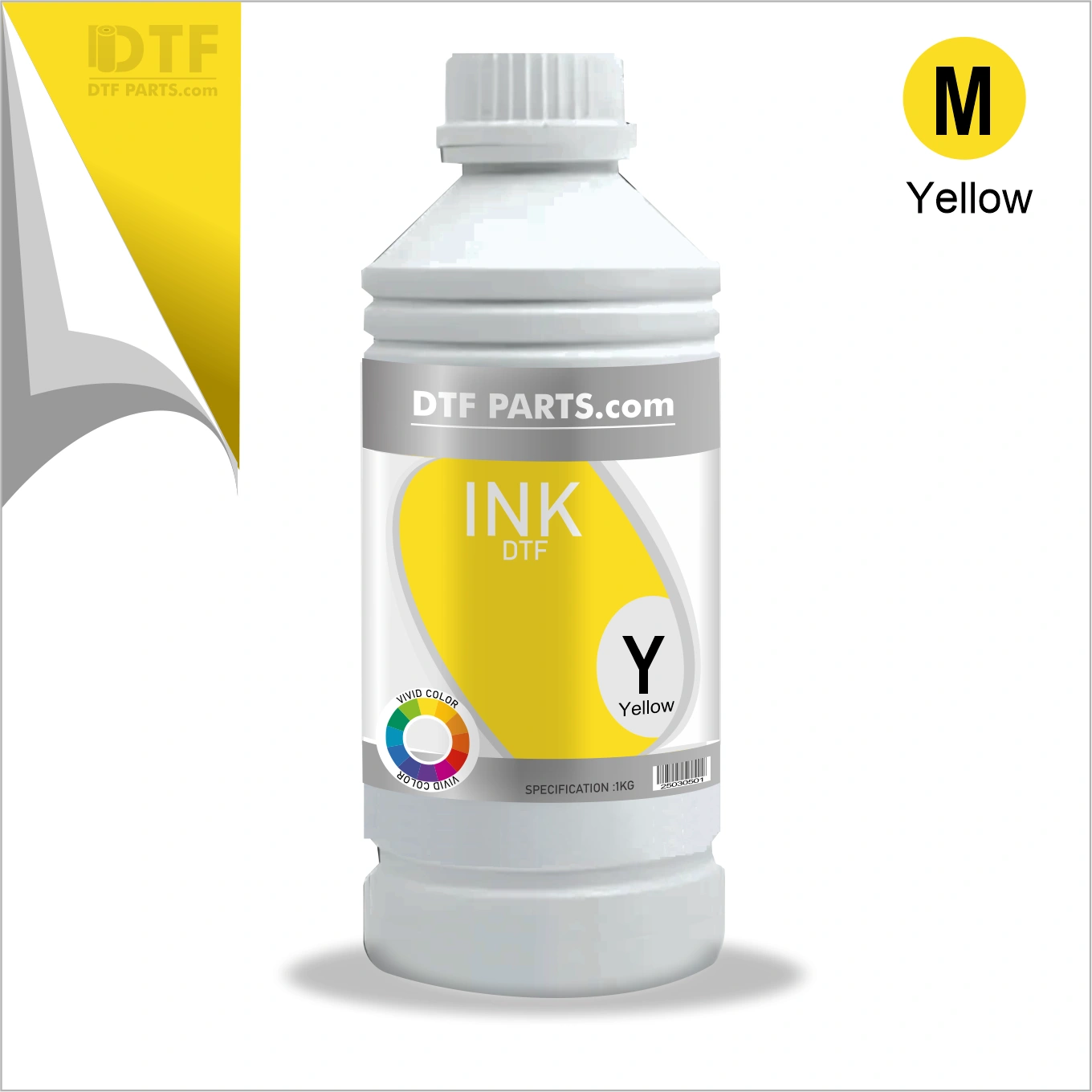 A bottle of yellow DTF ink labeled for vivid color printing.
