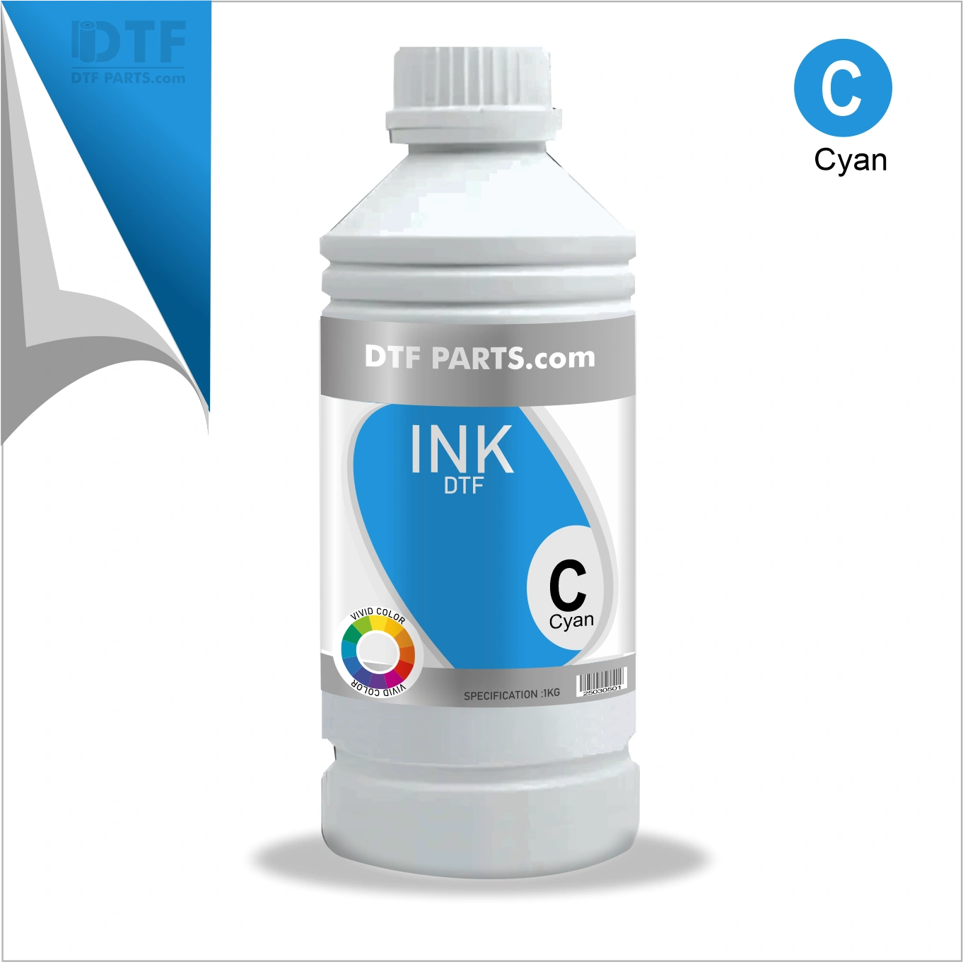 A bottle of cyan DTF ink with a modern label design.