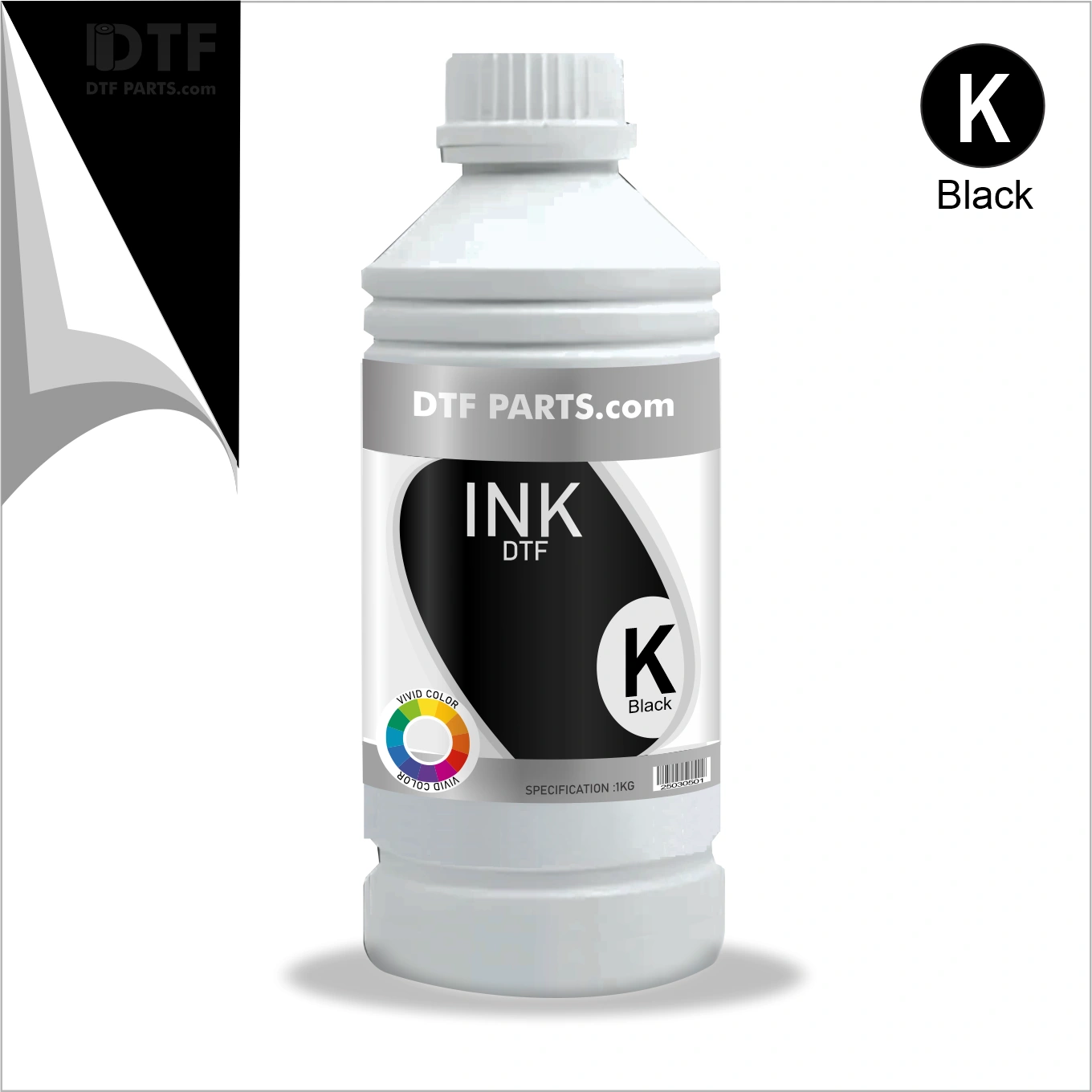 A 1kg bottle of black DTF ink for vivid color printing.
