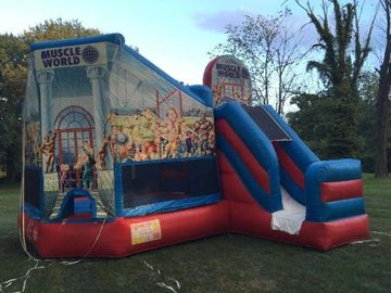 Bounce house combo with slide, crawl-through, and bold graphics—safe, fun inflatable rental.