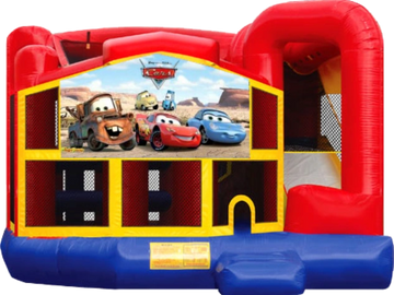 Disney Cars 5-in-1 inflatable bounce house combo with jumping, slide, obstacles, and basketball hoops