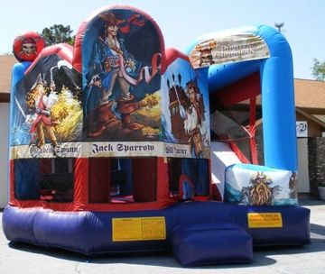 Pirates of the Carribean bounce house combo with jumping, slide, obstacles, and basketball hoop