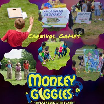 Images of some of Monkey Giggles carnival games available for rental. Speed Pitch, Corn Hole, & more.