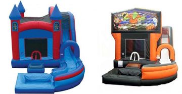 Two bounce house, slide, and pool combo units. One red and blue castle and one orange & black house.