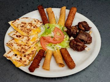 Four flautas,four cheese quesadillas triangles,four jalapeno or regular cheese sticks,and four alas