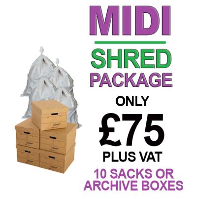 Advertisement for a midi shred package with boxes and sacks.