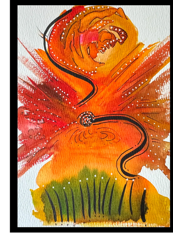 A burst of vibrant colors radiating outward from the center, spiral shapes and energetic lines, sugg