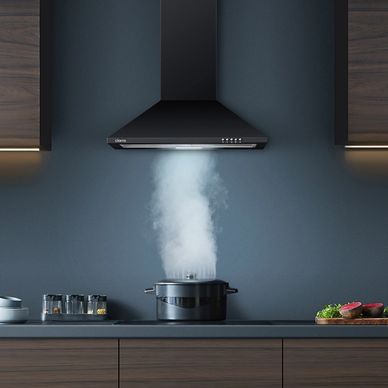 a cooker hood extracting steam from a boiling pan below