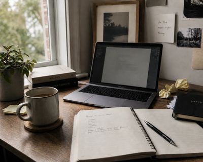 Home workspace with laptop and notebook, representing anxiety, mental strain, and difficulty concent