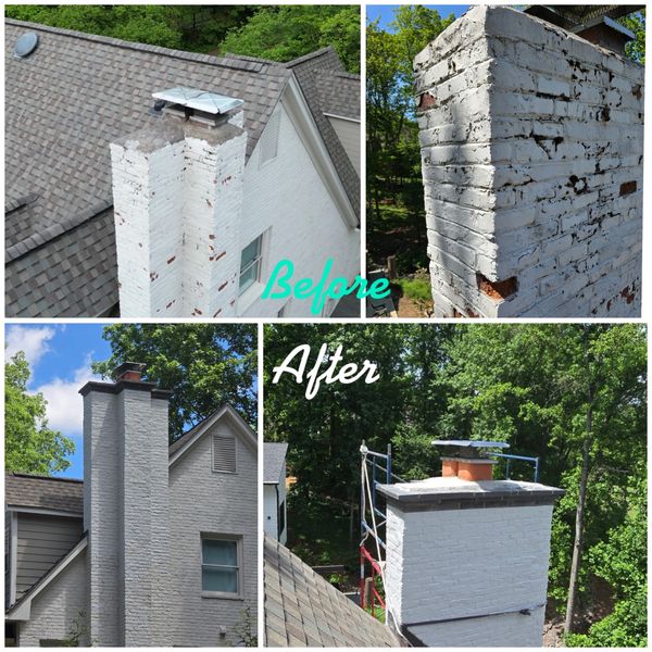 Before and after painted brick chimney repair and rebuilding