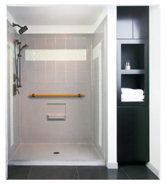 Roll-in-Shower, Tile Inlay, Safety with Style, Teak Grab bar, Barrier Free, Wheelchair accessible, 