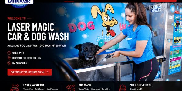Warm water dog wash service at Laser Magic Car & Dog Wash in Glenroy, Melbourne. Open 24/7 with sham