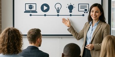 Professional woman presenting a business process to colleagues in a meeting.