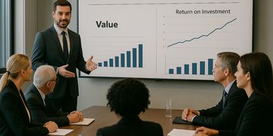 Businessman presenting financial growth charts to colleagues in a meeting.
