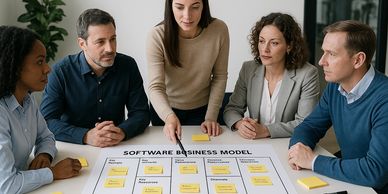 A team discusses a software business model around a table with sticky notes.