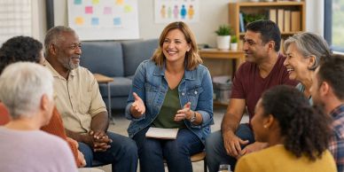 A diverse group engaged in a lively discussion in a cozy room.