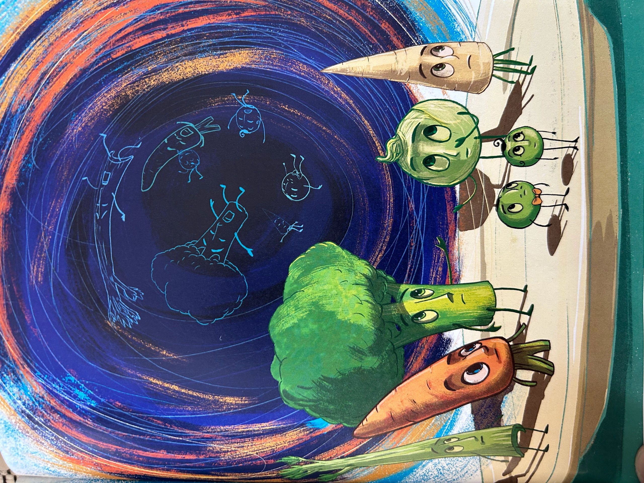 Animated vegetables looking at a colorful swirling vortex.
