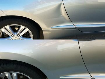 A bad dent and the after image of the dent repaired using paintless dent repair/dent removal. Making this car dentless. Dent repaired in the Ogden, Utah area.