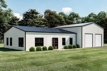 Modern metal building with attached garage and office space.