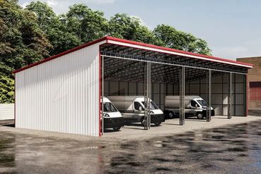 A metal carport sheltering three white vans in an outdoor setting.