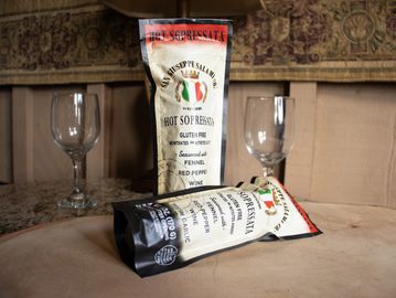 Hard Italian Salami, Hot Sopressata flavor in a retail pouch. 