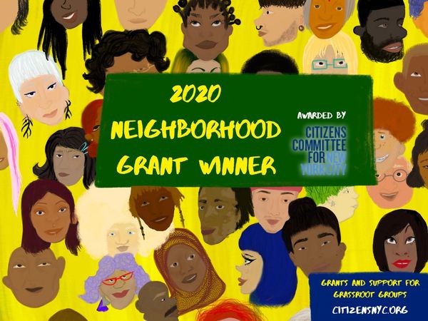 A variety of faces is scattered onto a yellow background. The is for the NYC Citizen's Committee.