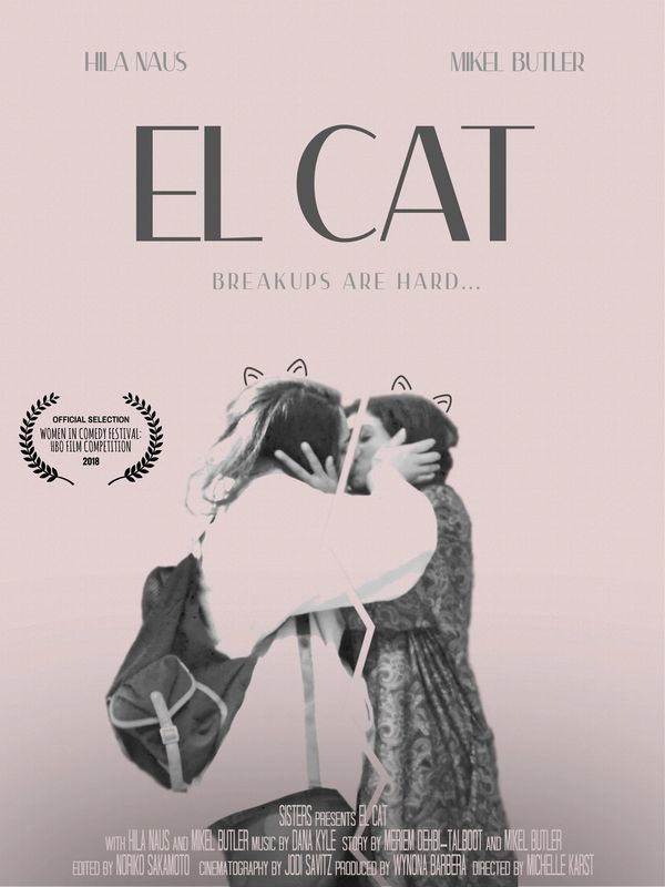 El Cat poster of two lead characters embracing in a kiss. Cat ears are drawn above their heads.