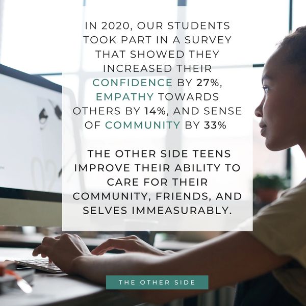 Black girl types on a computer, a turquoise title at the bottom says 'the other side'