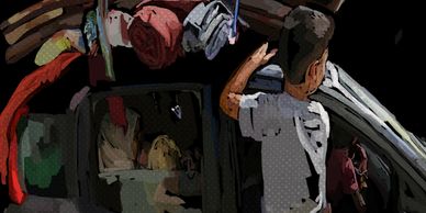 Digital artwork of a Gazan boy hanging out of the side of a car packed full of people and items.