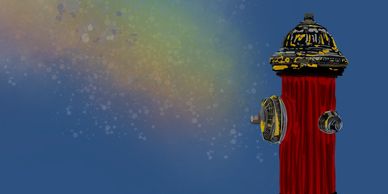 Illustrated fire hydrant with blue background, and water/rainbow spritzing out of it.